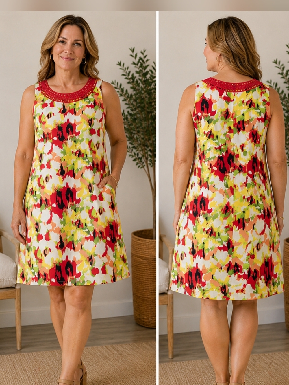 Kim Rogers Linen Blend Floral Shift Dress Size 14 NWT Sleeveless Resort Colorful